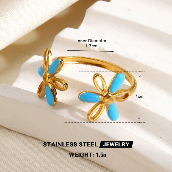 Colorful Enamel Stainless Steel Flower Ring For Women With Gold Tone Electroplated Floral Geometric Design