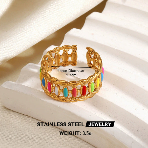 Colorful Enamel Stainless Steel Flower Ring For Women With Gold Tone Electroplated Floral Geometric Design