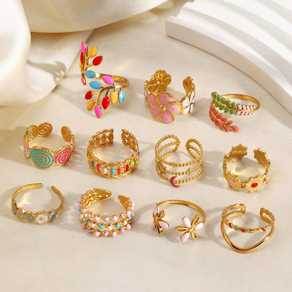 Colorful Enamel Stainless Steel Flower Ring For Women With Gold Tone Electroplated Floral Geometric Design