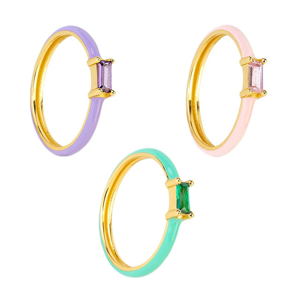 Colorful Epoxy And Zircon Inlaid Geometric Copper Ring With 18K Gold Electroplated Finish For Women And Unisex