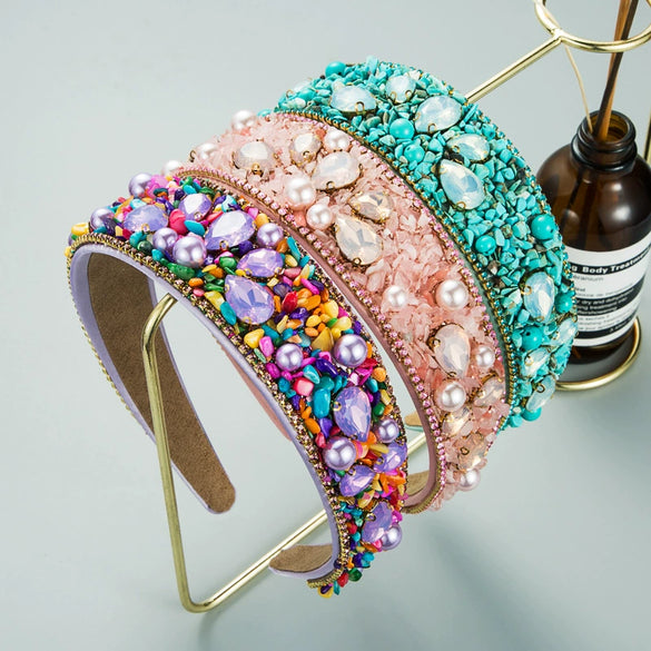 Colorful Fabric Wide Edge Headband With Diamond Embellishment Elegant Fashion Hair Accessory For Women
