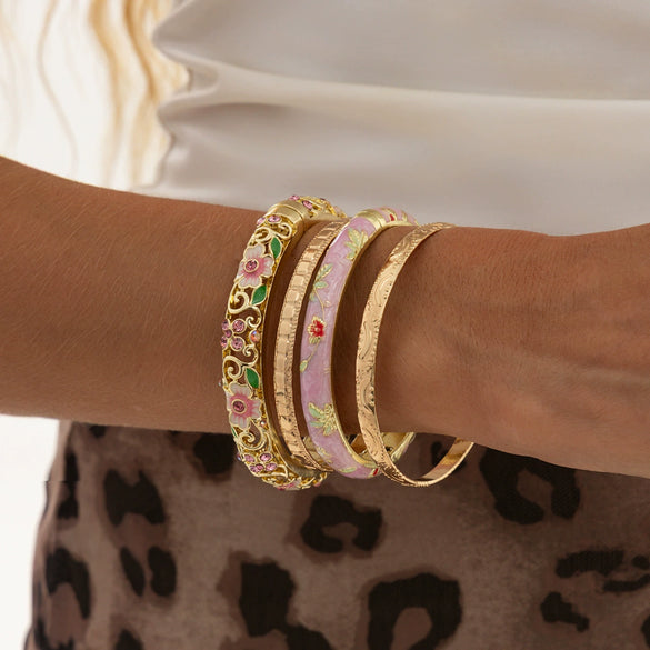 Colorful Floral Rhinestone Plated Alloy Open Cuff Bracelet With Hollow Design For Stacking And Layering
