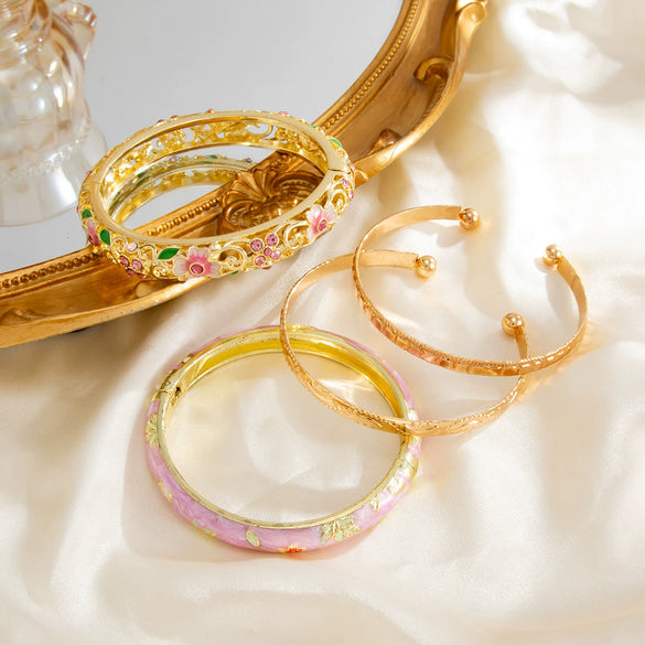 Colorful Floral Rhinestone Plated Alloy Open Cuff Bracelet With Hollow Design For Stacking And Layering
