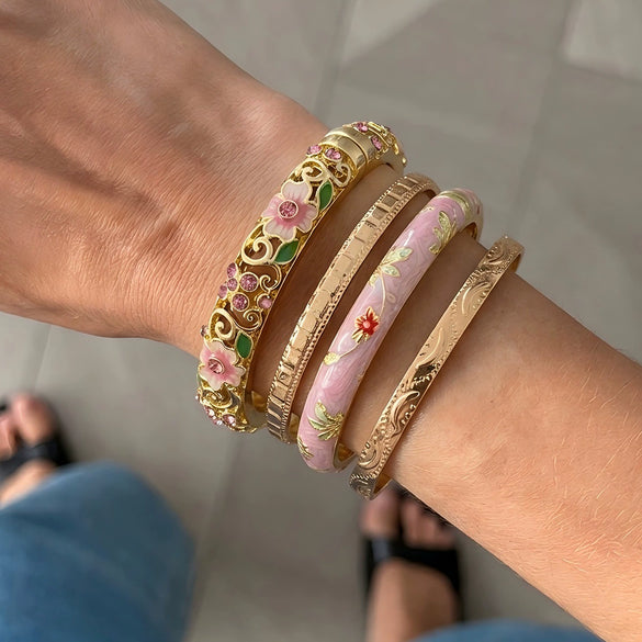 Colorful Floral Rhinestone Plated Alloy Open Cuff Bracelet With Hollow Design For Stacking And Layering