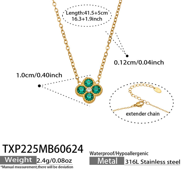Colorful Four Leaf Flower Necklace And Earrings Jewelry Set In Stainless Steel With Gold Plated Finish Zircon Pendant And Snake Bone Chain For Women