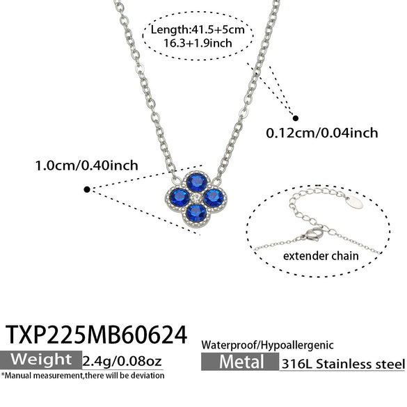 Colorful Four Leaf Flower Necklace And Earrings Jewelry Set In Stainless Steel With Gold Plated Finish Zircon Pendant And Snake Bone Chain For Women