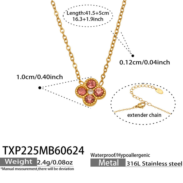 Colorful Four Leaf Flower Necklace And Earrings Jewelry Set In Stainless Steel With Gold Plated Finish Zircon Pendant And Snake Bone Chain For Women