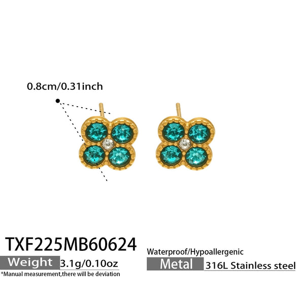 Colorful Four Leaf Flower Necklace And Earrings Jewelry Set In Stainless Steel With Gold Plated Finish Zircon Pendant And Snake Bone Chain For Women