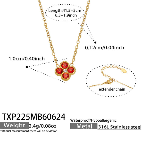 Colorful Four Leaf Flower Necklace And Earrings Jewelry Set In Stainless Steel With Gold Plated Finish Zircon Pendant And Snake Bone Chain For Women