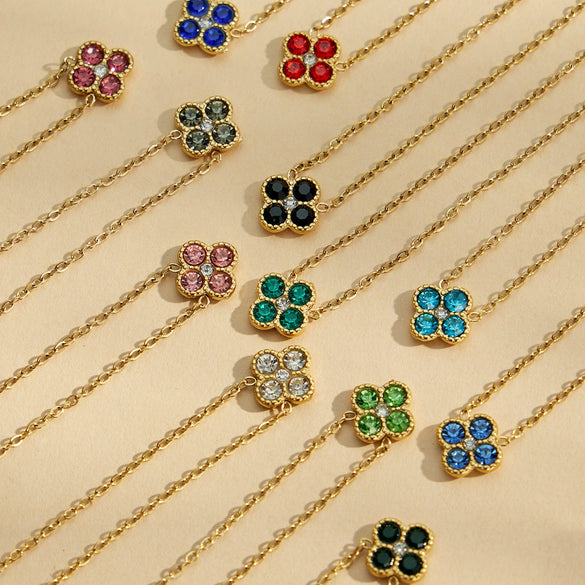 Colorful Four Leaf Flower Necklace And Earrings Jewelry Set In Stainless Steel With Gold Plated Finish Zircon Pendant And Snake Bone Chain For Women