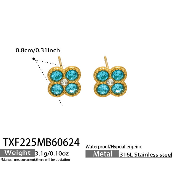Colorful Four Leaf Flower Necklace And Earrings Jewelry Set In Stainless Steel With Gold Plated Finish Zircon Pendant And Snake Bone Chain For Women