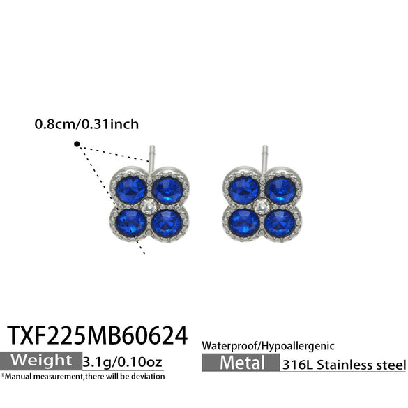 Colorful Four Leaf Flower Necklace And Earrings Jewelry Set In Stainless Steel With Gold Plated Finish Zircon Pendant And Snake Bone Chain For Women