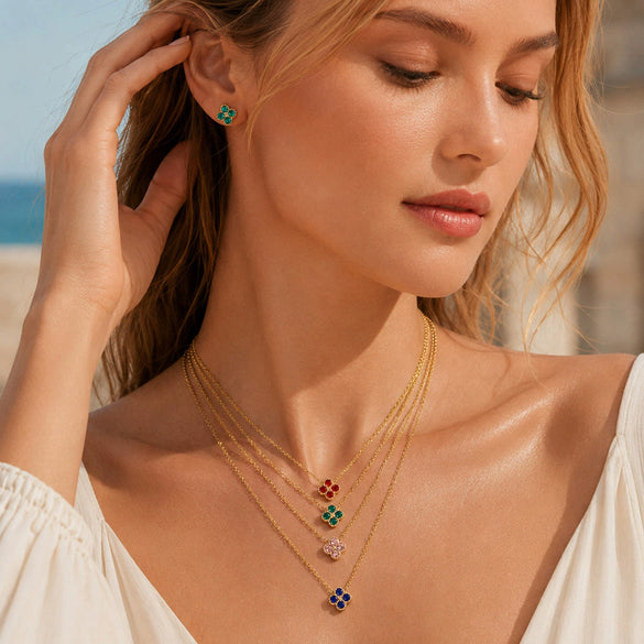 Colorful Four Leaf Flower Necklace And Earrings Jewelry Set In Stainless Steel With Gold Plated Finish Zircon Pendant And Snake Bone Chain For Women