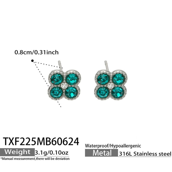 Colorful Four Leaf Flower Necklace And Earrings Jewelry Set In Stainless Steel With Gold Plated Finish Zircon Pendant And Snake Bone Chain For Women