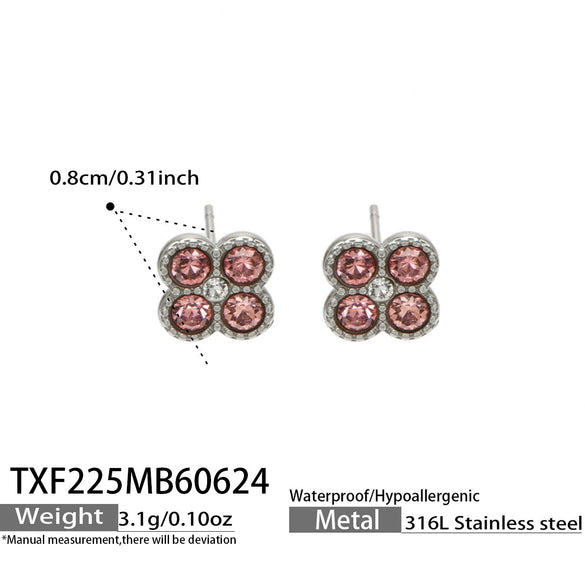 Colorful Four Leaf Flower Necklace And Earrings Jewelry Set In Stainless Steel With Gold Plated Finish Zircon Pendant And Snake Bone Chain For Women