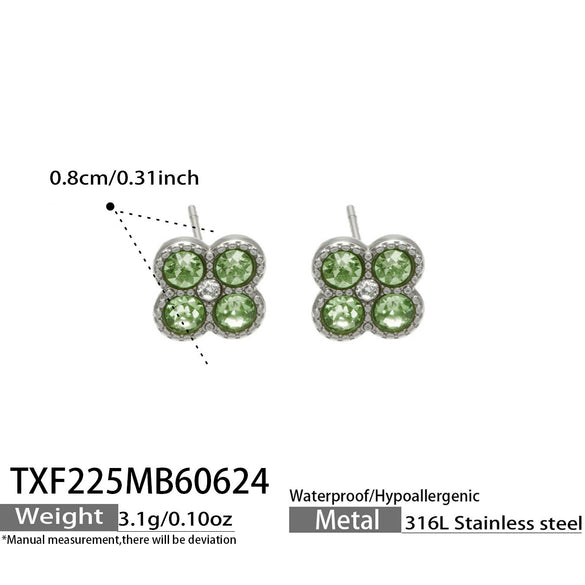 Colorful Four Leaf Flower Necklace And Earrings Jewelry Set In Stainless Steel With Gold Plated Finish Zircon Pendant And Snake Bone Chain For Women