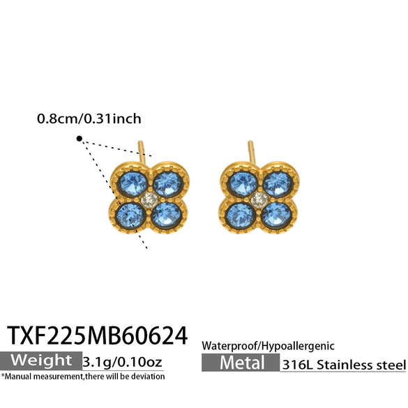 Colorful Four Leaf Flower Necklace And Earrings Jewelry Set In Stainless Steel With Gold Plated Finish Zircon Pendant And Snake Bone Chain For Women