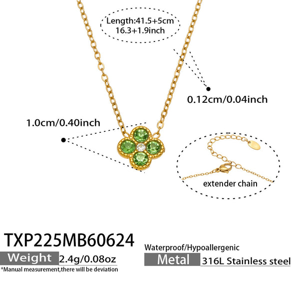 Colorful Four Leaf Flower Necklace And Earrings Jewelry Set In Stainless Steel With Gold Plated Finish Zircon Pendant And Snake Bone Chain For Women