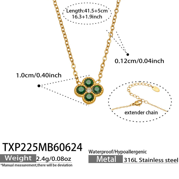 Colorful Four Leaf Flower Necklace And Earrings Jewelry Set In Stainless Steel With Gold Plated Finish Zircon Pendant And Snake Bone Chain For Women