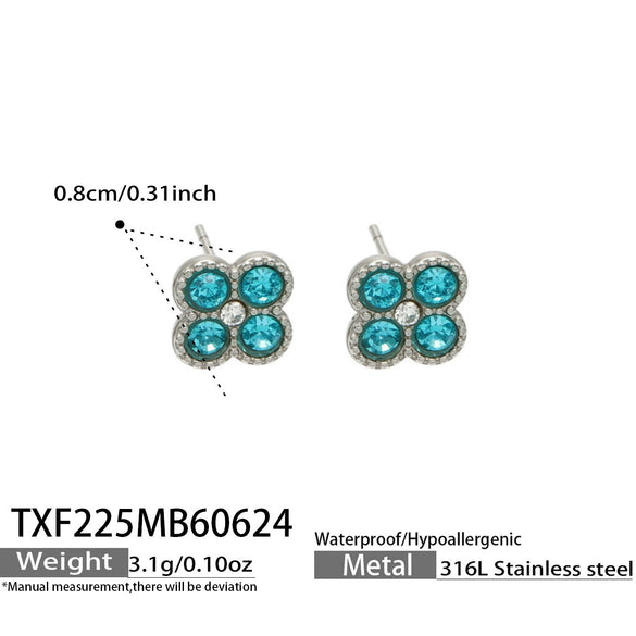 Colorful Four Leaf Flower Necklace And Earrings Jewelry Set In Stainless Steel With Gold Plated Finish Zircon Pendant And Snake Bone Chain For Women