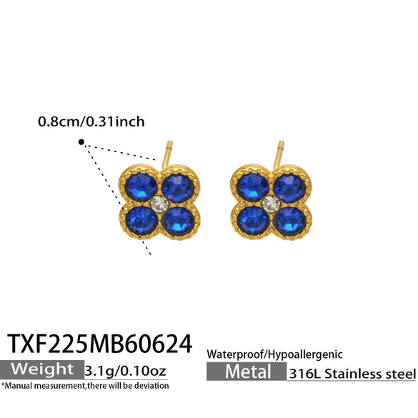 Colorful Four Leaf Flower Necklace And Earrings Jewelry Set In Stainless Steel With Gold Plated Finish Zircon Pendant And Snake Bone Chain For Women