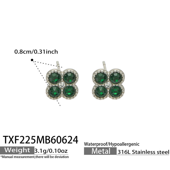 Colorful Four Leaf Flower Necklace And Earrings Jewelry Set In Stainless Steel With Gold Plated Finish Zircon Pendant And Snake Bone Chain For Women