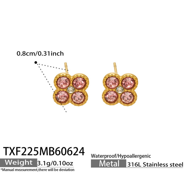 Colorful Four Leaf Flower Necklace And Earrings Jewelry Set In Stainless Steel With Gold Plated Finish Zircon Pendant And Snake Bone Chain For Women