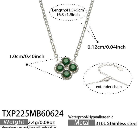 Colorful Four Leaf Flower Necklace And Earrings Jewelry Set In Stainless Steel With Gold Plated Finish Zircon Pendant And Snake Bone Chain For Women