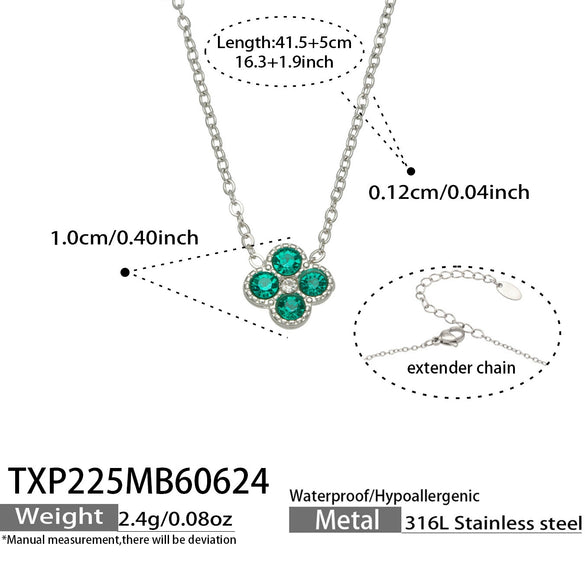 Colorful Four Leaf Flower Necklace And Earrings Jewelry Set In Stainless Steel With Gold Plated Finish Zircon Pendant And Snake Bone Chain For Women
