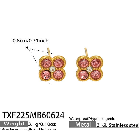 Colorful Four Leaf Flower Necklace And Earrings Jewelry Set In Stainless Steel With Gold Plated Finish Zircon Pendant And Snake Bone Chain For Women