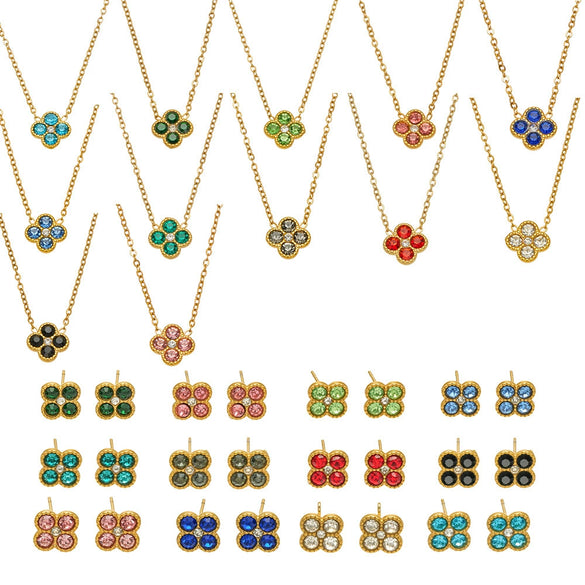 Colorful Four Leaf Flower Necklace And Earrings Jewelry Set In Stainless Steel With Gold Plated Finish Zircon Pendant And Snake Bone Chain For Women