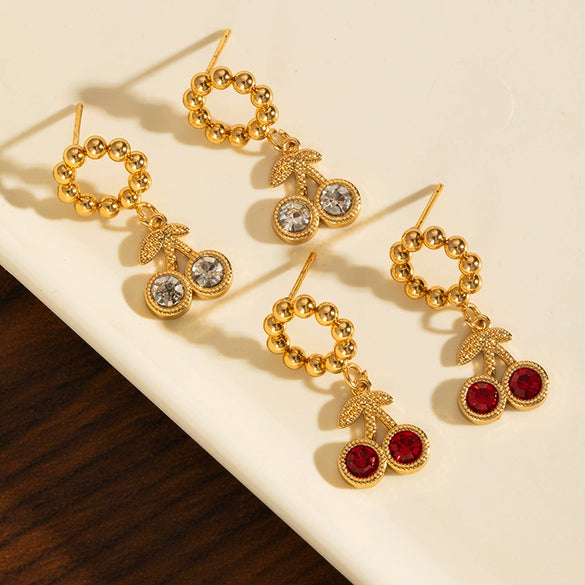 Colorful Fruitshaped Stainless Steel Earrings With Broken Diamond Zircon And 18K Gold Plated Electroplating For Women