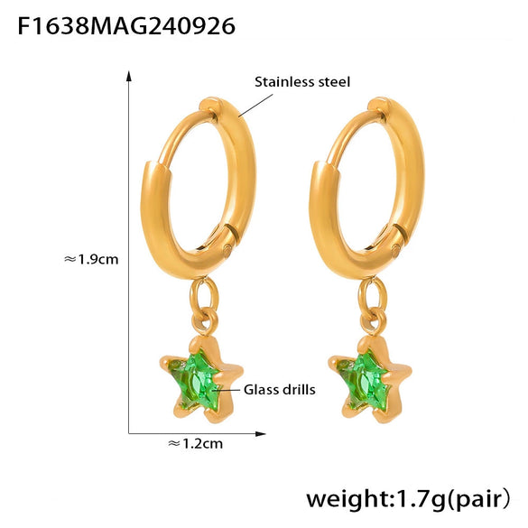Colorful Glass Diamond Fivepointed Star Pierced Earrings Plated With Real Gold In Niche Style Made Of Stainless Steel And Glass Drill With Electroplating Process