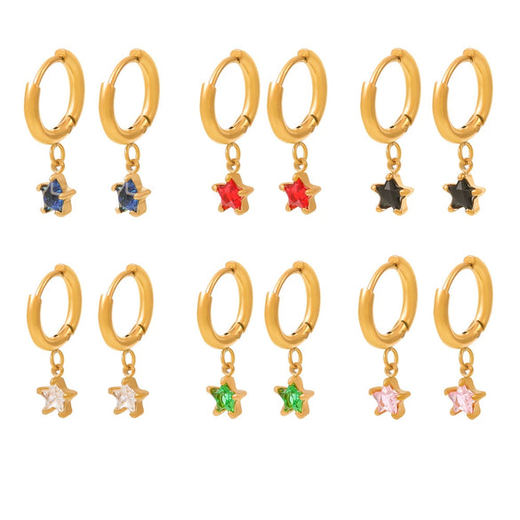 Colorful Glass Diamond Fivepointed Star Pierced Earrings Plated With Real Gold In Niche Style Made Of Stainless Steel And Glass Drill With Electroplating Process