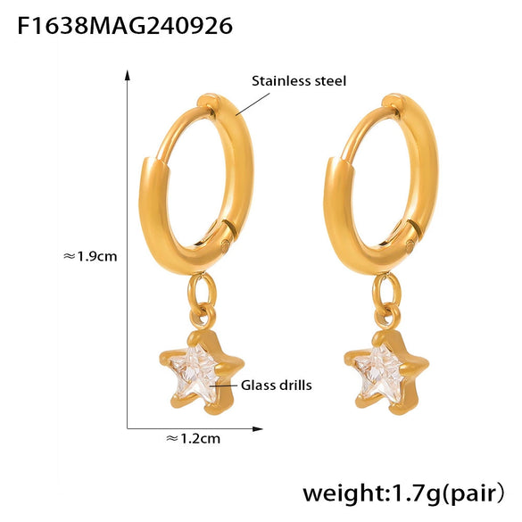Colorful Glass Diamond Fivepointed Star Pierced Earrings Plated With Real Gold In Niche Style Made Of Stainless Steel And Glass Drill With Electroplating Process