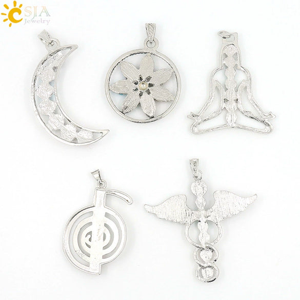 Colorful Natural Stone And Alloy Seven Leaf Flower Moon Angel Wing Geometric Pendant Simple Fashion Jewelry