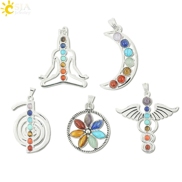 Colorful Natural Stone And Alloy Seven Leaf Flower Moon Angel Wing Geometric Pendant Simple Fashion Jewelry