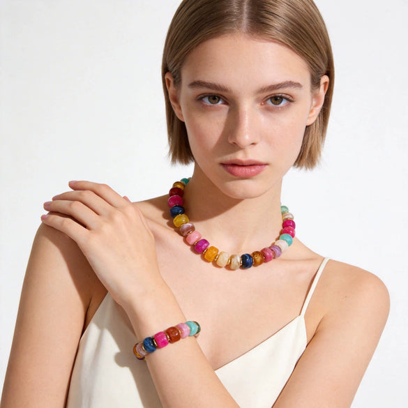 Colorful Resin Beaded Necklace And Bracelet Set For Women Casual Geometric Bohemian Style Jewelry With Ball Chain Electroplated Finish