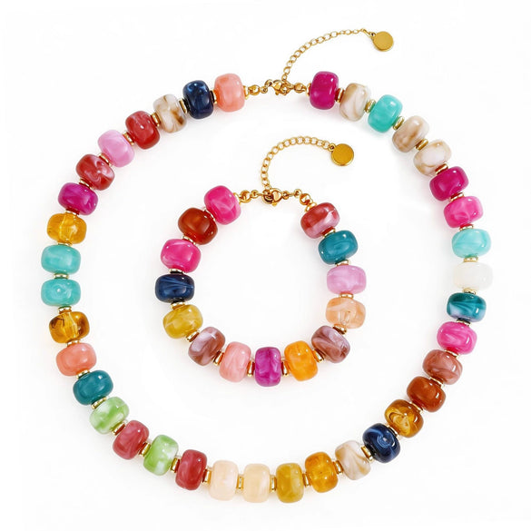 Colorful Resin Beaded Necklace And Bracelet Set For Women Casual Geometric Bohemian Style Jewelry With Ball Chain Electroplated Finish
