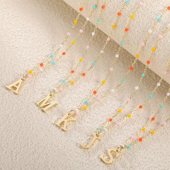 Colorful Resin Letter Pendant Necklace For Women With Gold Tone Stainless Steel Choker Chain Electroplated Light Luxury Style