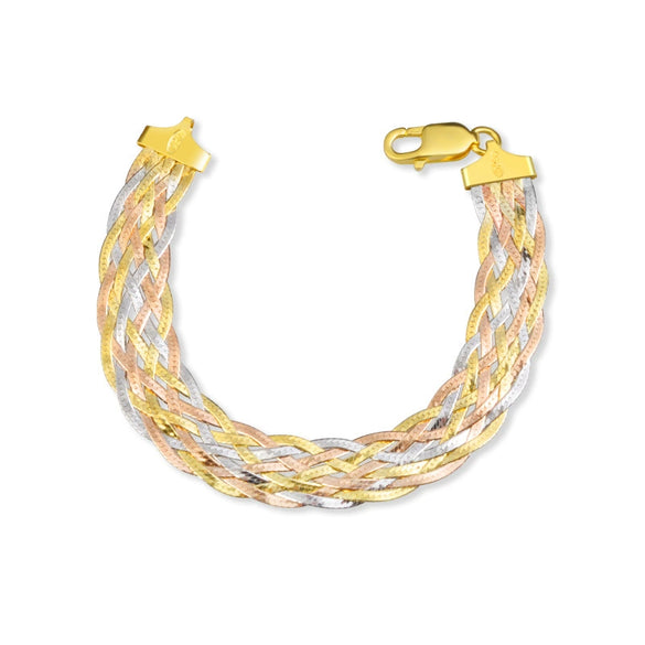 Colorful S925 Sterling Silver Plated Three Tone Gold Woven Geometric Bracelet For Women With Shiny Wide Band Electroplated Finish