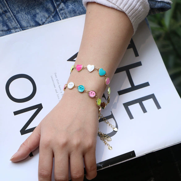 Colorful Smiley Heart Shaped Copper Bracelet For Women Simple Bohemian Geometric Electroplated Couple Jewelry