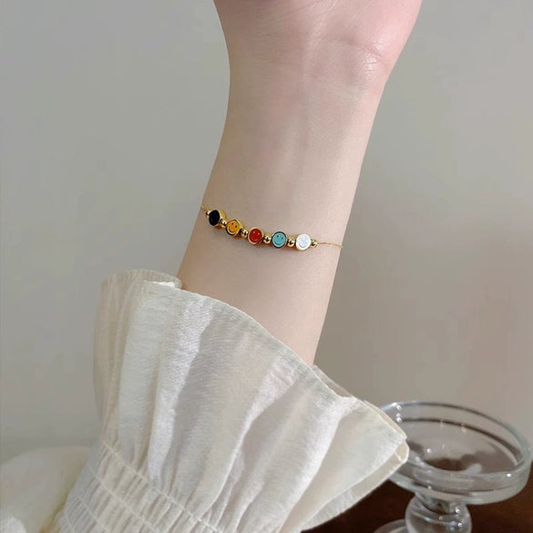 Colorful Smiley Titanium Steel Water Whip Chain Bracelet And Foot Chain With 18K Gold Bead Design Light Luxury Style Dripping Oil Treatment For Girls