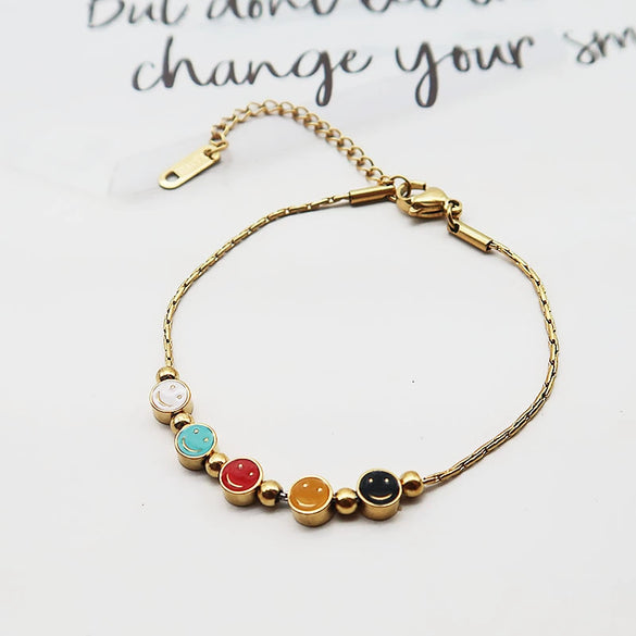 Colorful Smiley Titanium Steel Water Whip Chain Bracelet And Foot Chain With 18K Gold Bead Design Light Luxury Style Dripping Oil Treatment For Girls