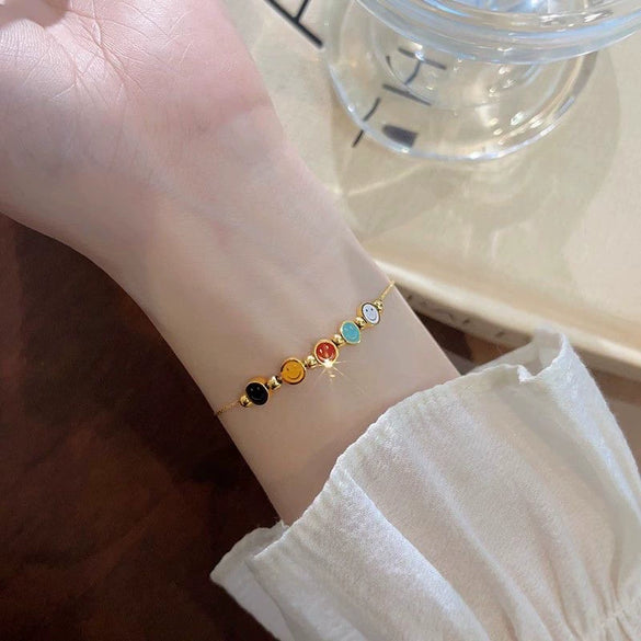Colorful Smiley Titanium Steel Water Whip Chain Bracelet And Foot Chain With 18K Gold Bead Design Light Luxury Style Dripping Oil Treatment For Girls