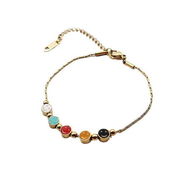 Colorful Smiley Titanium Steel Water Whip Chain Bracelet And Foot Chain With 18K Gold Bead Design Light Luxury Style Dripping Oil Treatment For Girls