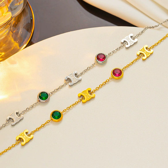 Colorful Stone Arc De Triomphe Design Titanium Steel Necklace Bracelet For Women With Geometric And Light Luxury Niche Design Sense