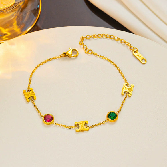 Colorful Stone Arc De Triomphe Design Titanium Steel Necklace Bracelet For Women With Geometric And Light Luxury Niche Design Sense