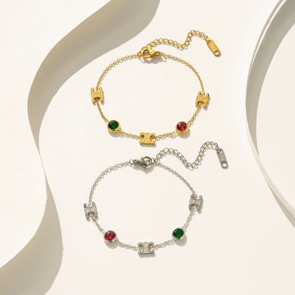 Colorful Stone Arc De Triomphe Design Titanium Steel Necklace Bracelet For Women With Geometric And Light Luxury Niche Design Sense