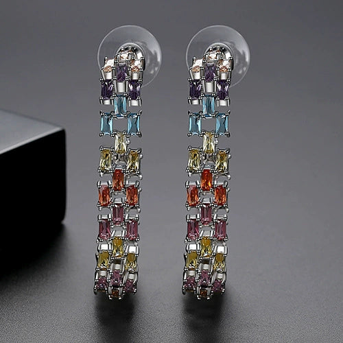 Colorful Zircon Crystal Geometric Copper Earrings For Women With Hollow Electroplated Fashion Design